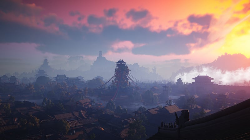 Where Winds Meet: Misty Cityscape at Sunset