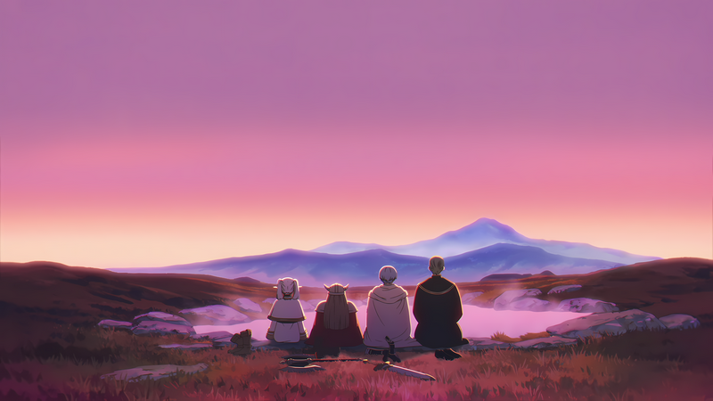 Himmel, Eisen, Heiter, and Frieren watch the sunset