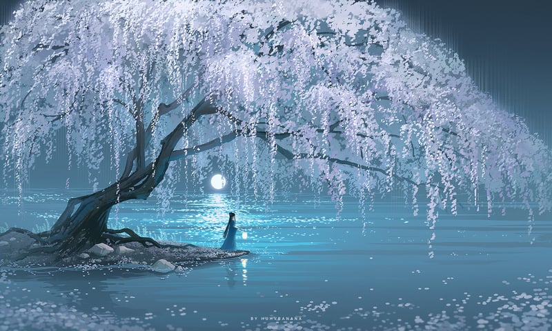 Anime girl in Chinese clothing under a weeping tree by the water
