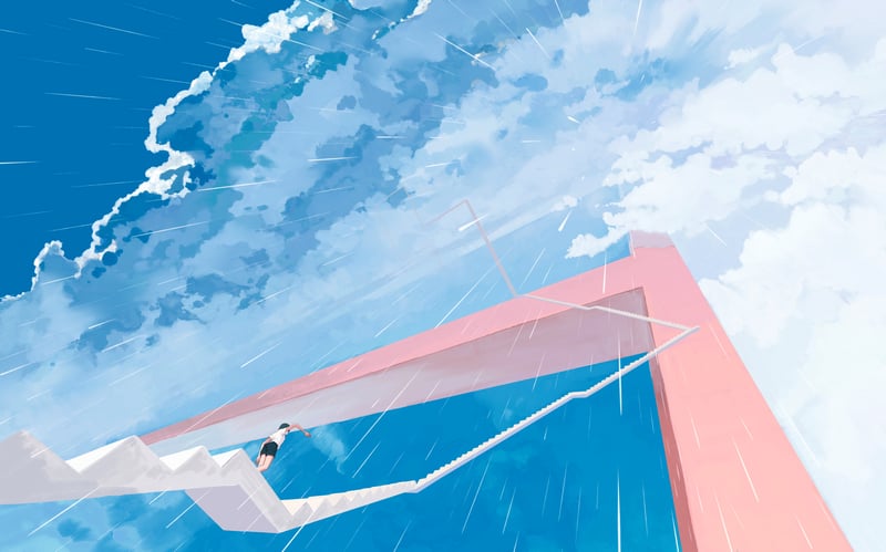 Woman on stairs under rainy sky with clouds