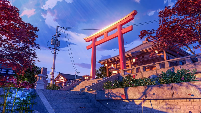 Anime shrine with red torii gate and stairs