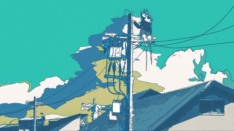 Anime girl sitting on a utility pole