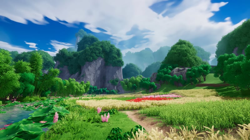 Video game art of a fantasy landscape with mountains and flowers