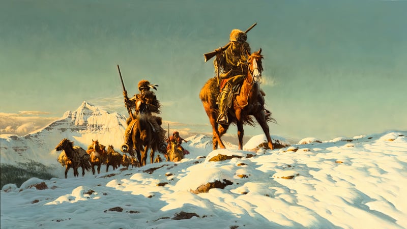Native Americans on horseback in a snowy mountain landscape