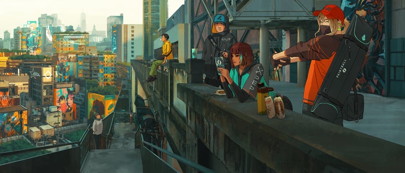 Group of people on a rooftop overlooking a futuristic city