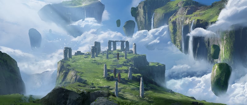 Floating Islands with Ancient Stone Structure and Figures