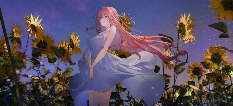 Anime girl with pink hair in a sunflower field