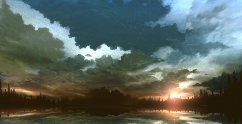 Sunrise over a calm lake with dramatic clouds