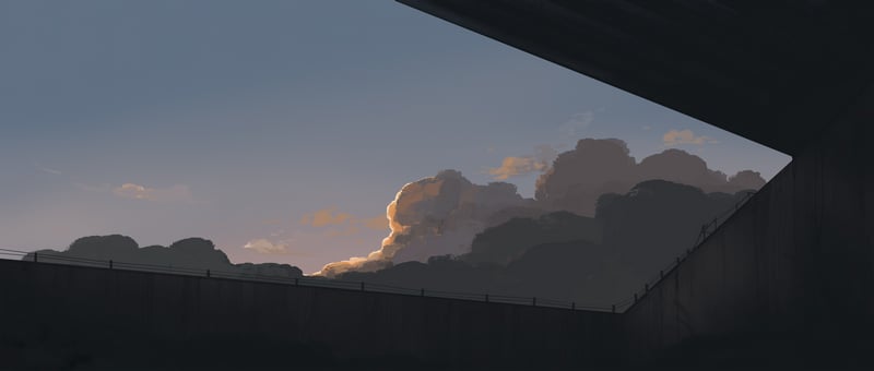 Clouds illuminated by sunlight over a dark structure