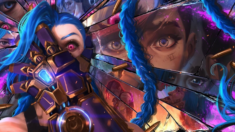 Jinx and Vi from League of Legends reflected in shattered glass