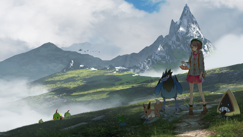 Pokémon Sword and Shield scenery with Gloria and Pokémon