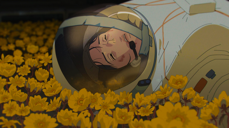 Astronaut in a field of yellow flowers