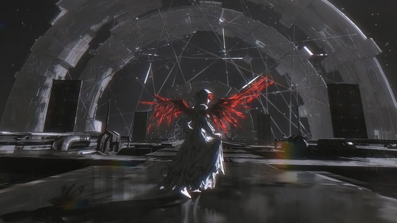 Original characters with red wings in a dystopian setting