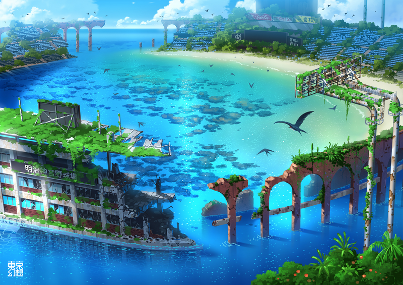Abandoned flooded city with overgrown ruins and clear blue water