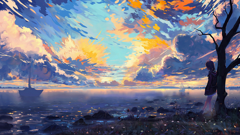 Anime girl watching a colorful sunset over the ocean
