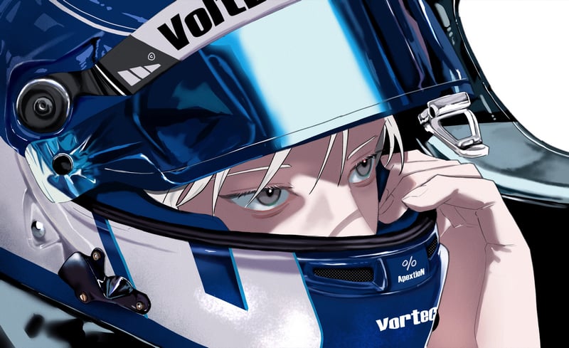 Anime boy race driver wearing a blue helmet