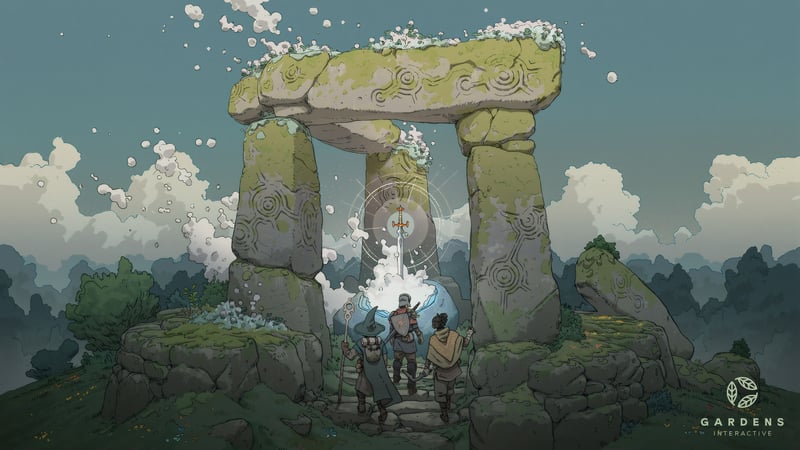 Adventurers approach ancient stone shrine with glowing portal