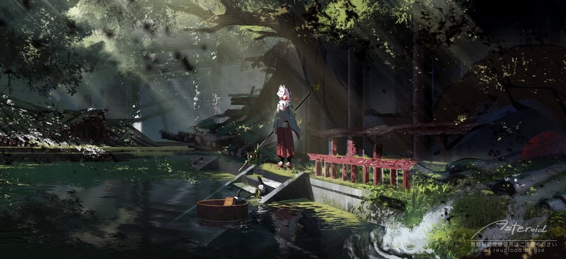 Anime girl miko with spear in sunlit forest ruins