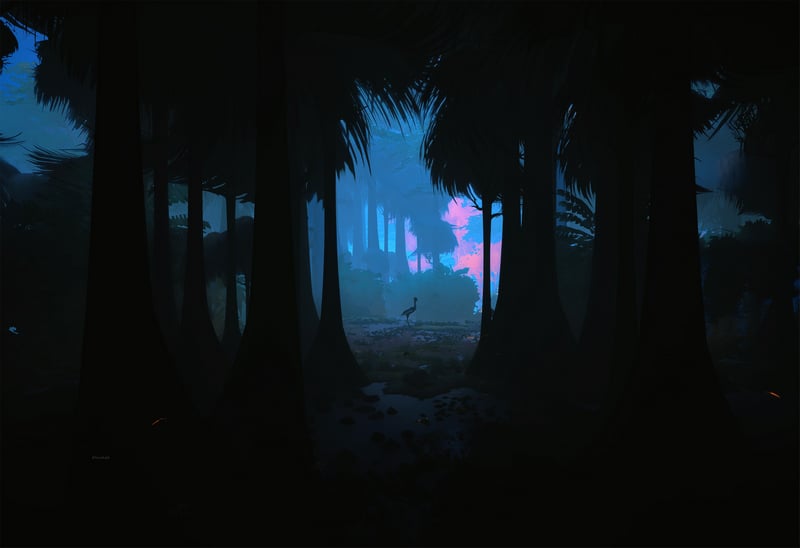 A lone heron stands in a dark, eerie forest at night