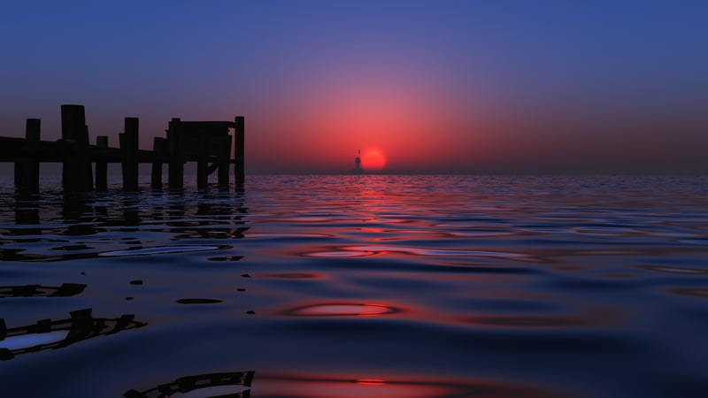 Digital art sunset over the ocean with pier