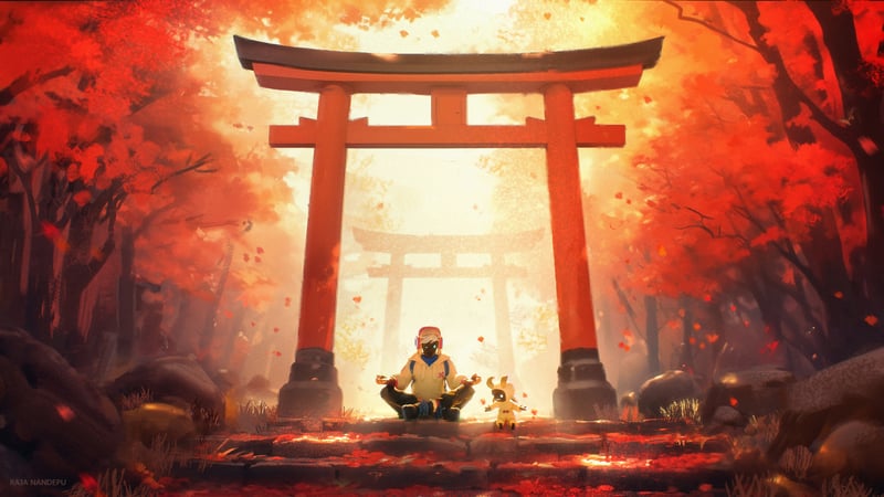 Creature meditating under a torii gate