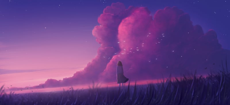 Cover art of a person in a field with pink clouds