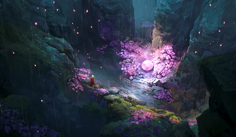 Man in red cloak near glowing orb in a rainy canyon