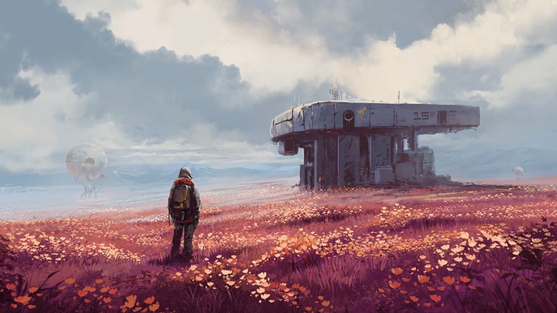 Man in a field of flowers with a futuristic building