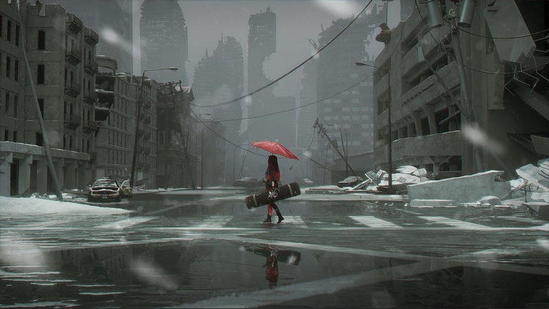 Punishing: Gray Raven girl with umbrella in apocalyptic ruins