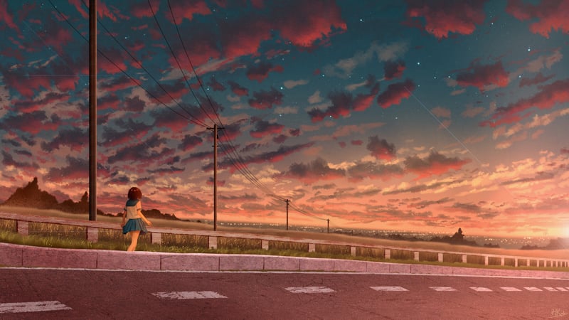 Anime girl in school uniform walks by utility poles at sunset