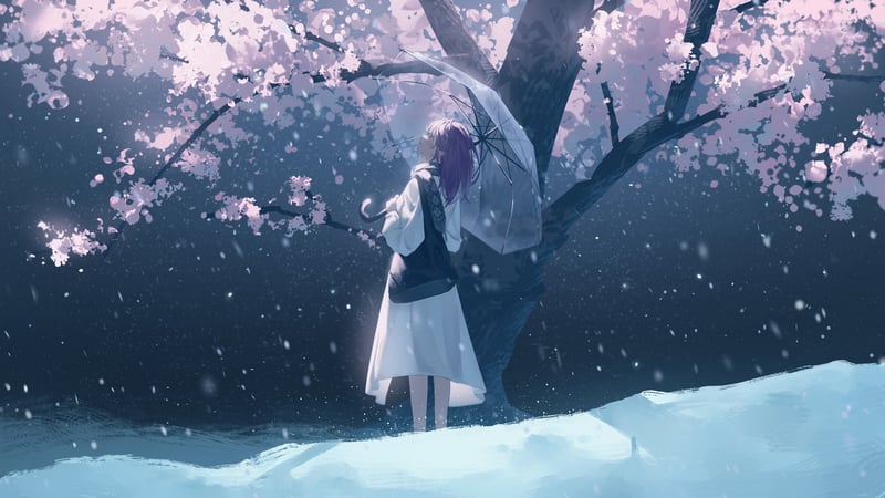 Anime girl Ryane under a cherry blossom tree in snow