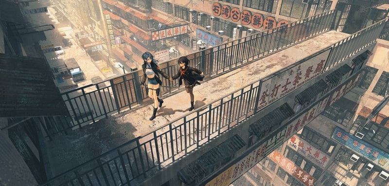 Anime girls walking on a bridge in a city
