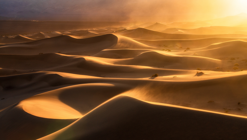 Golden sand dunes under a glowing sunset sky