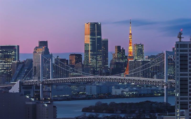 Tokyo cityscape with Rainbow Bridge and Tokyo Tower at dusk