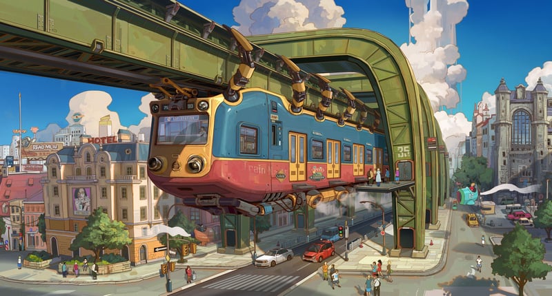 Flying train in a futuristic city