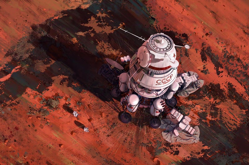 Soviet spaceship lands on Mars landscape