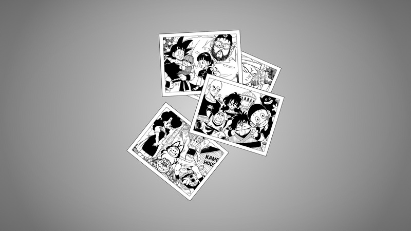 Dragon Ball characters in monochrome polaroid photos