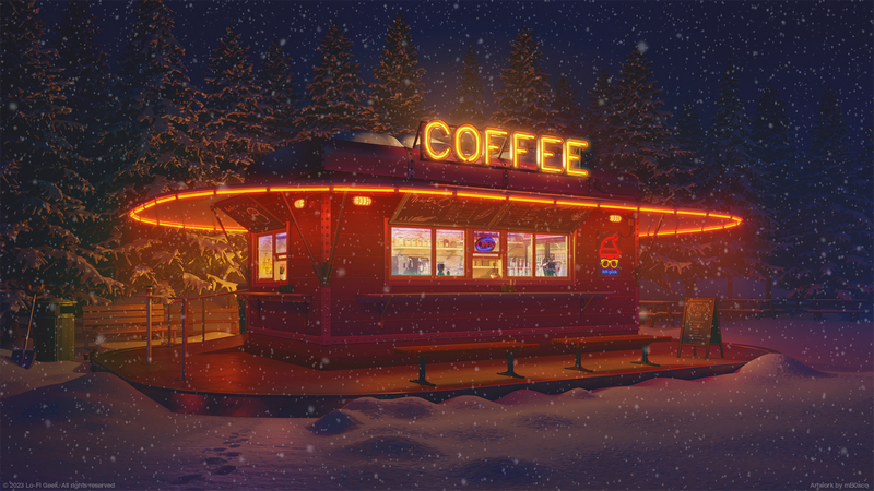 Neon coffee stand in a snowy winter forest at night