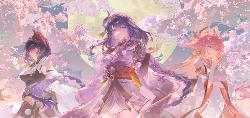 Genshin Impact: Raiden Shogun, Kujou Sara, and Yae Miko under the full moon