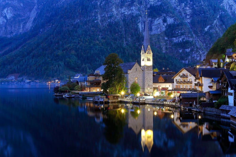 Hallstatt, Austria village on a lake at dusk