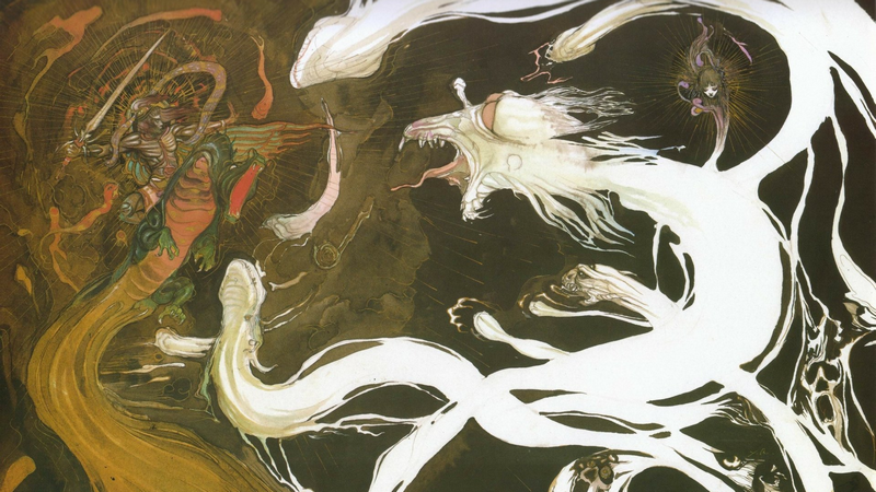 Creature fighting a warrior with a sword