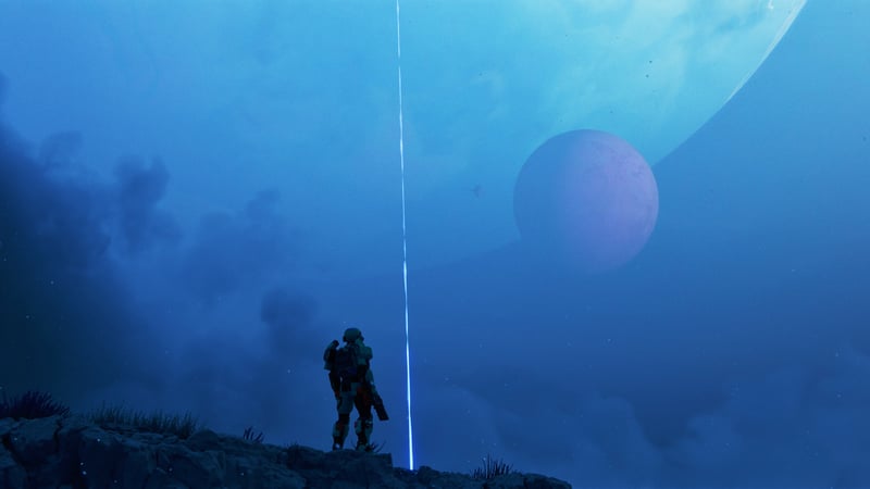 Marathon (game) character standing on a cliff overlooking planets