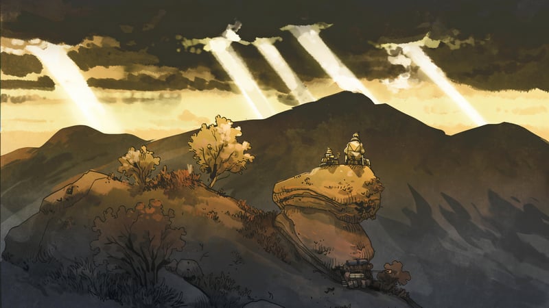 Cairn (game) artwork with sunbeams over mountains