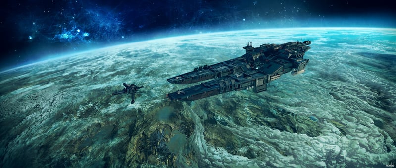 Massive spaceship and smaller craft near a planet