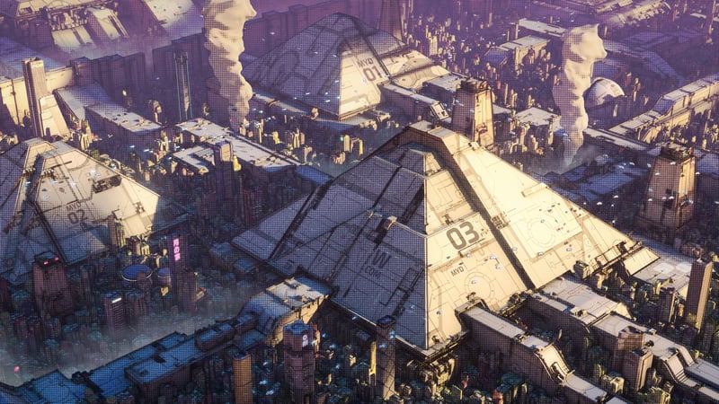Futuristic pyramid city with smoke plumes