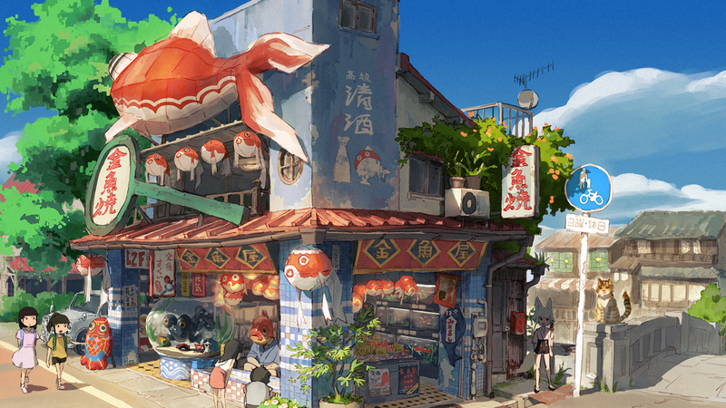 Anime girls and fox girl at a Japanese street shop