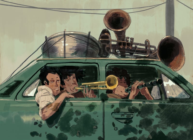 Musical instruments and people in a green car