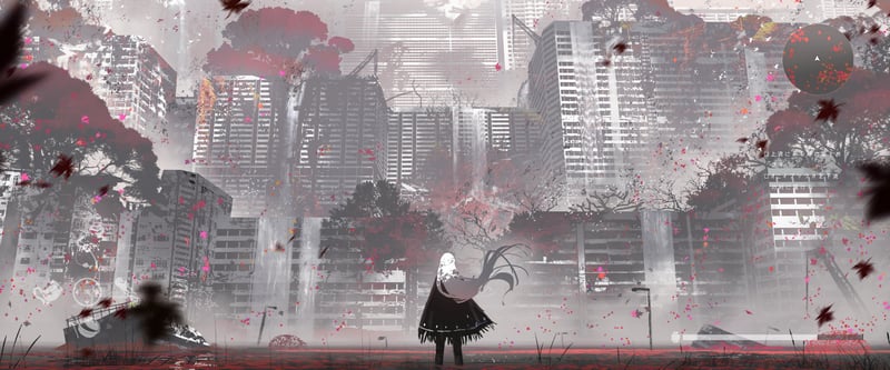 Anime girl with white hair in a ruined city