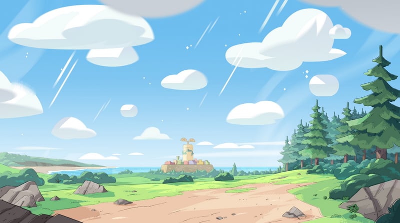 Steven Universe landscape with a town and windmill