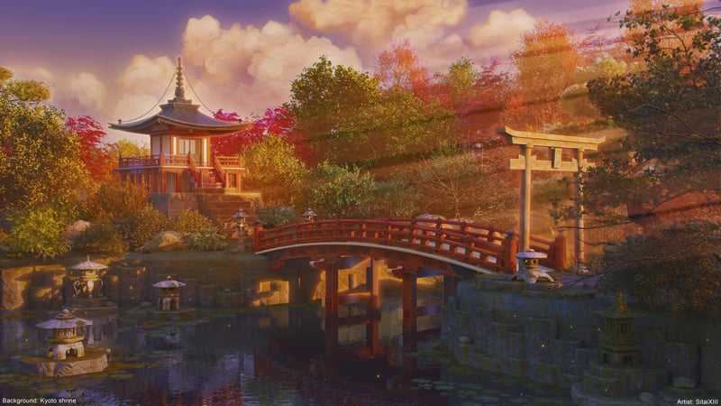 Scenery of a Japanese garden with a bridge and temple